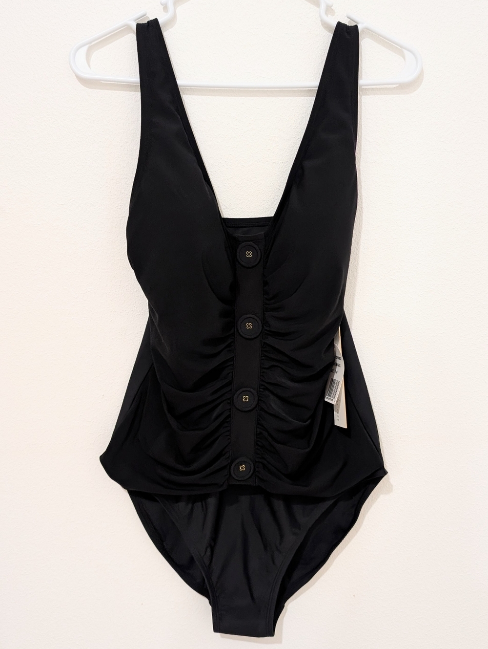 Beyond Control Black Button Ruched Sculpting Shaping One Piece Swimsuit 14 NWT - Picture 2 of 10